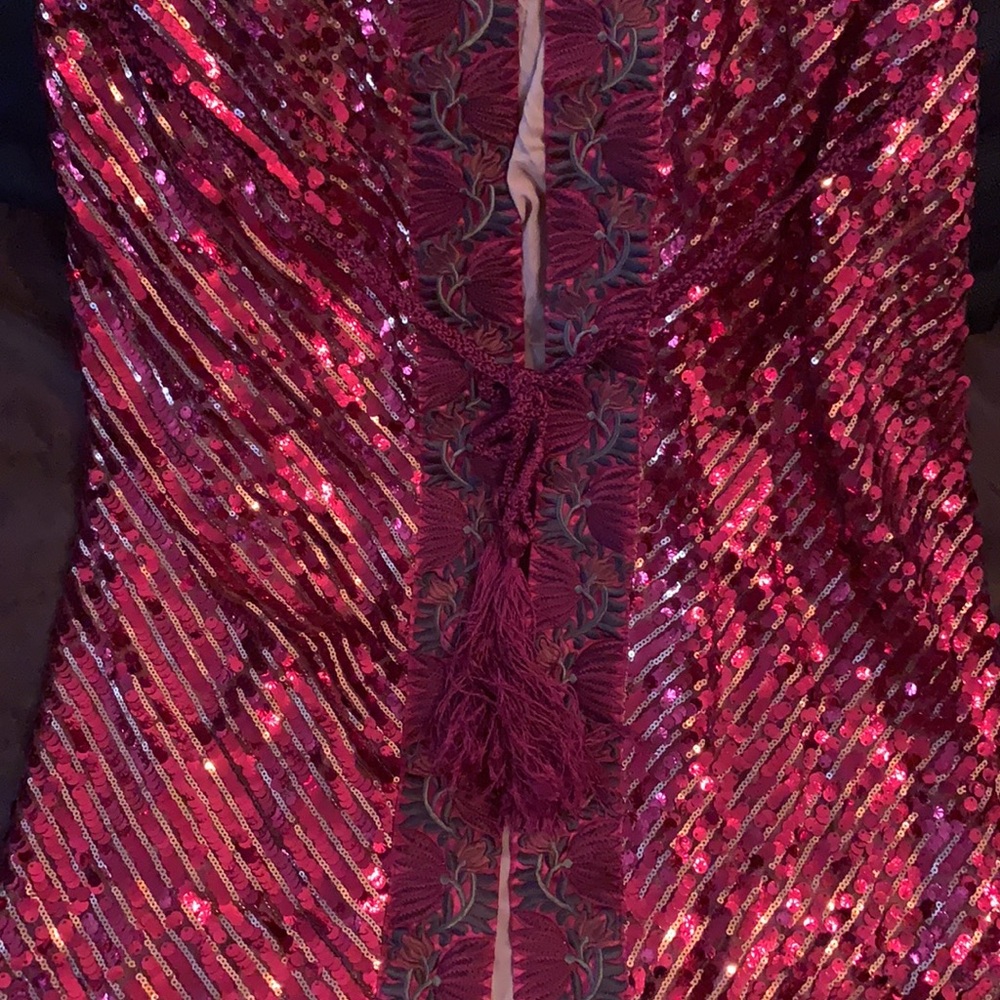 NWOT FREE PEOPLE Red Sequin Long Belted Duster Coat - Picture 8 of 12
